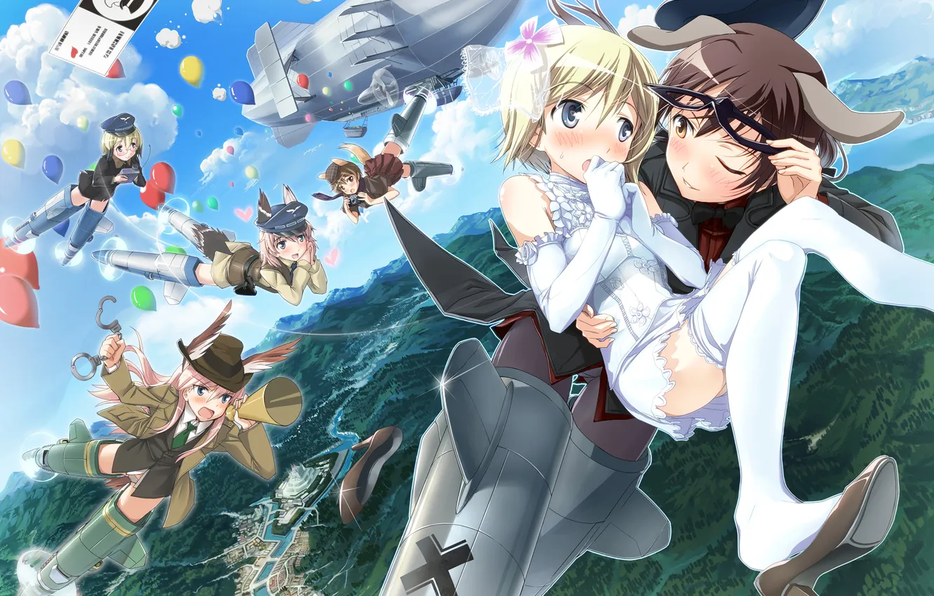 Фото обои девушка, аниме, арт, парень, воздушные шарики, erica hartmann, hi-ho-, Штурмовые ведьмы