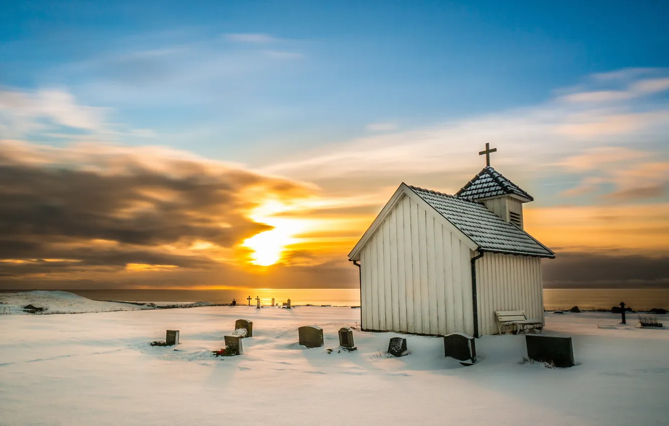 Фото обои закат, Winter, Varhaug old church