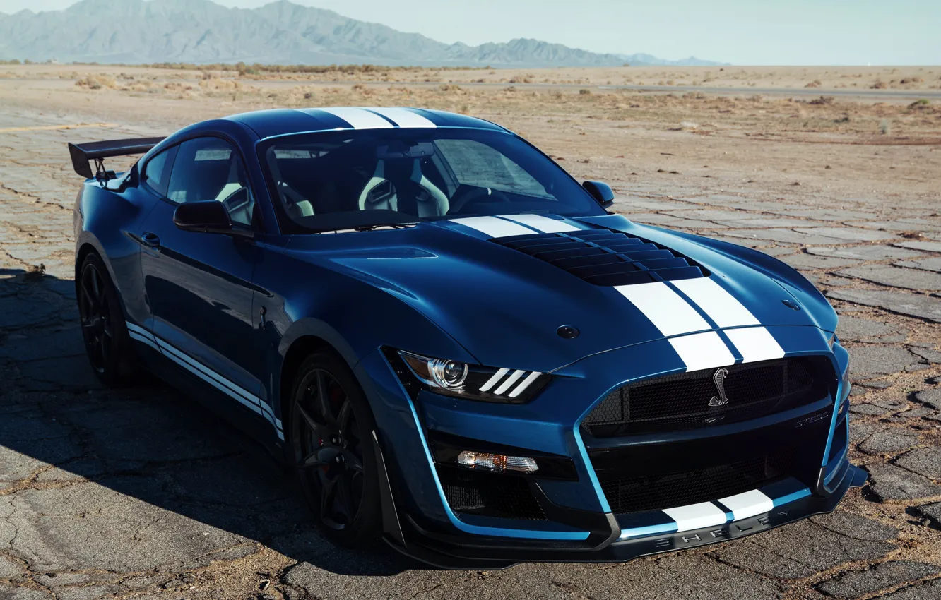 Фото обои синий, Mustang, Ford, Shelby, GT500, 2019, старый асфальт