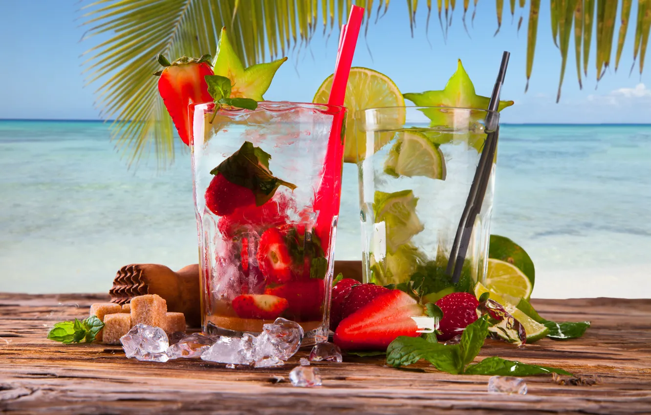 Фото обои лед, море, пальма, клубника, коктейль, сахар, лайм, мята