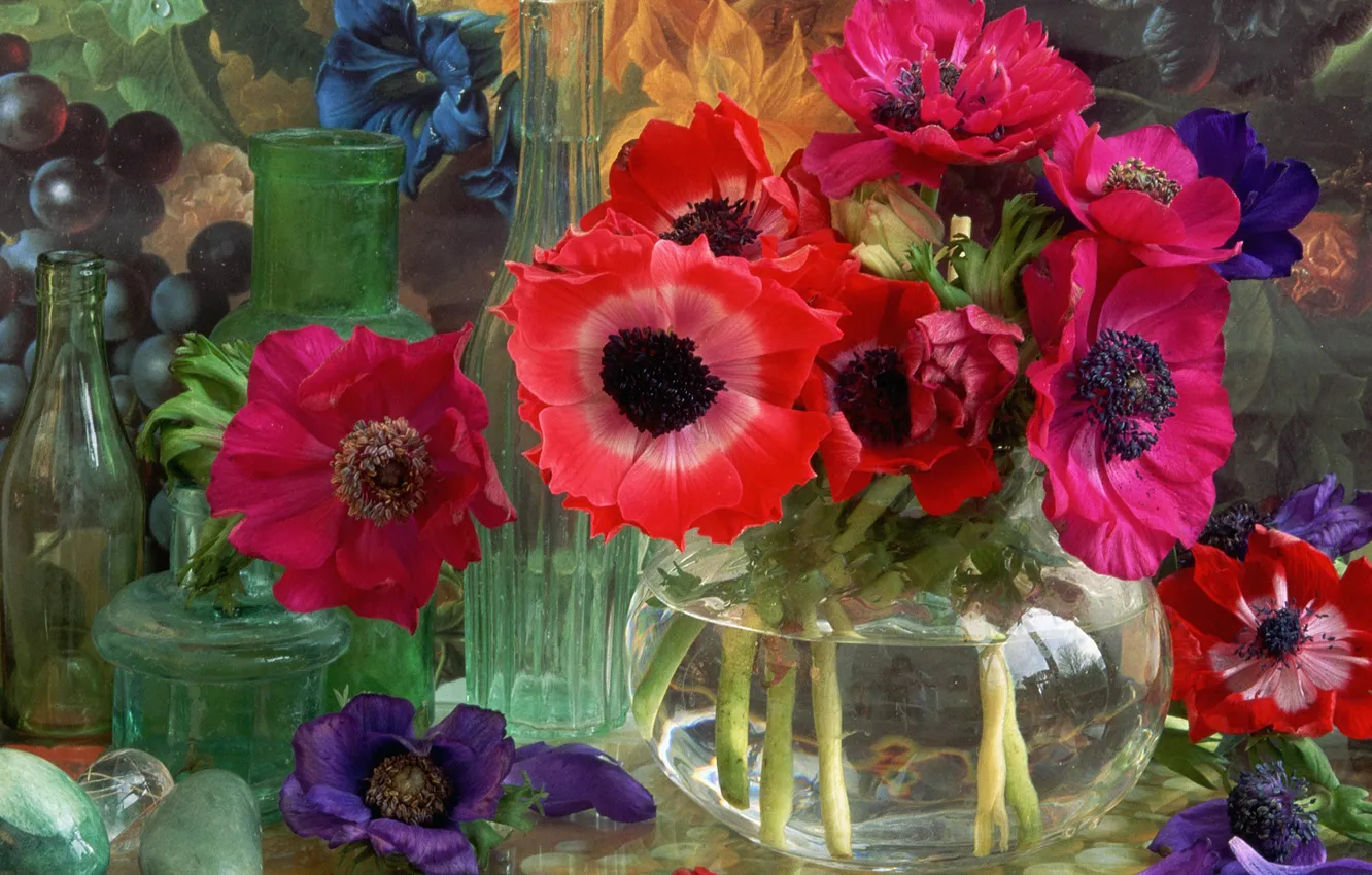 Фото обои стекло, цветы, ваза, натюрморт