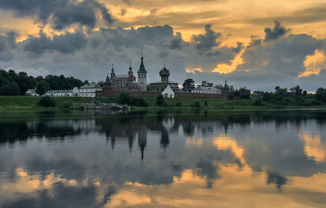 Фото обои лето, река, вечер, монастырь, Старая Ладога, Ленинградская область