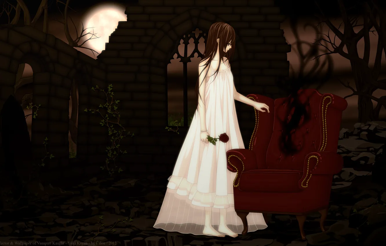Фото обои деревья, ночь, луна, роза, кресло, заброшенное здание, vampire knight, yuuki cross