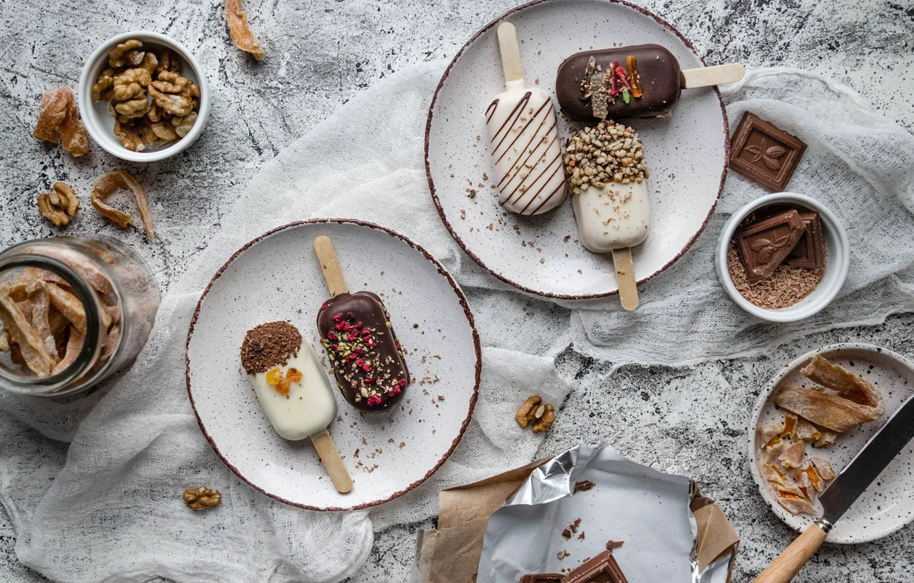 Фото обои шоколад, мороженое, орехи, натюрморт, десерт, цукаты, марля, Анна Чернякова