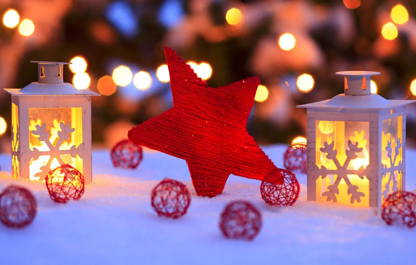 Фото обои зима, снег, огни, звезда, Новый Год, Рождество, фонарь, Christmas