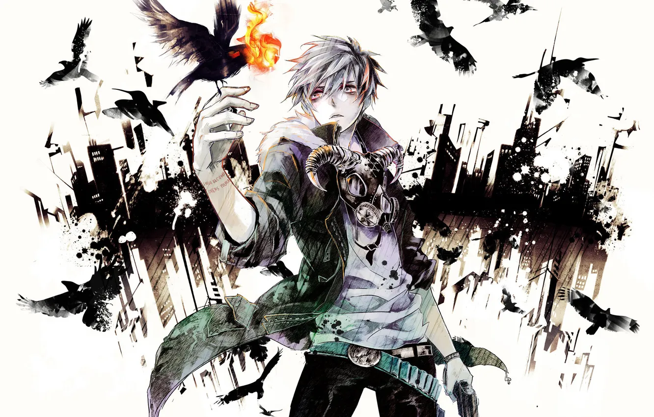 Фото обои оранжевый, city, город, огни, череп, аниме, противогаз, ружьё