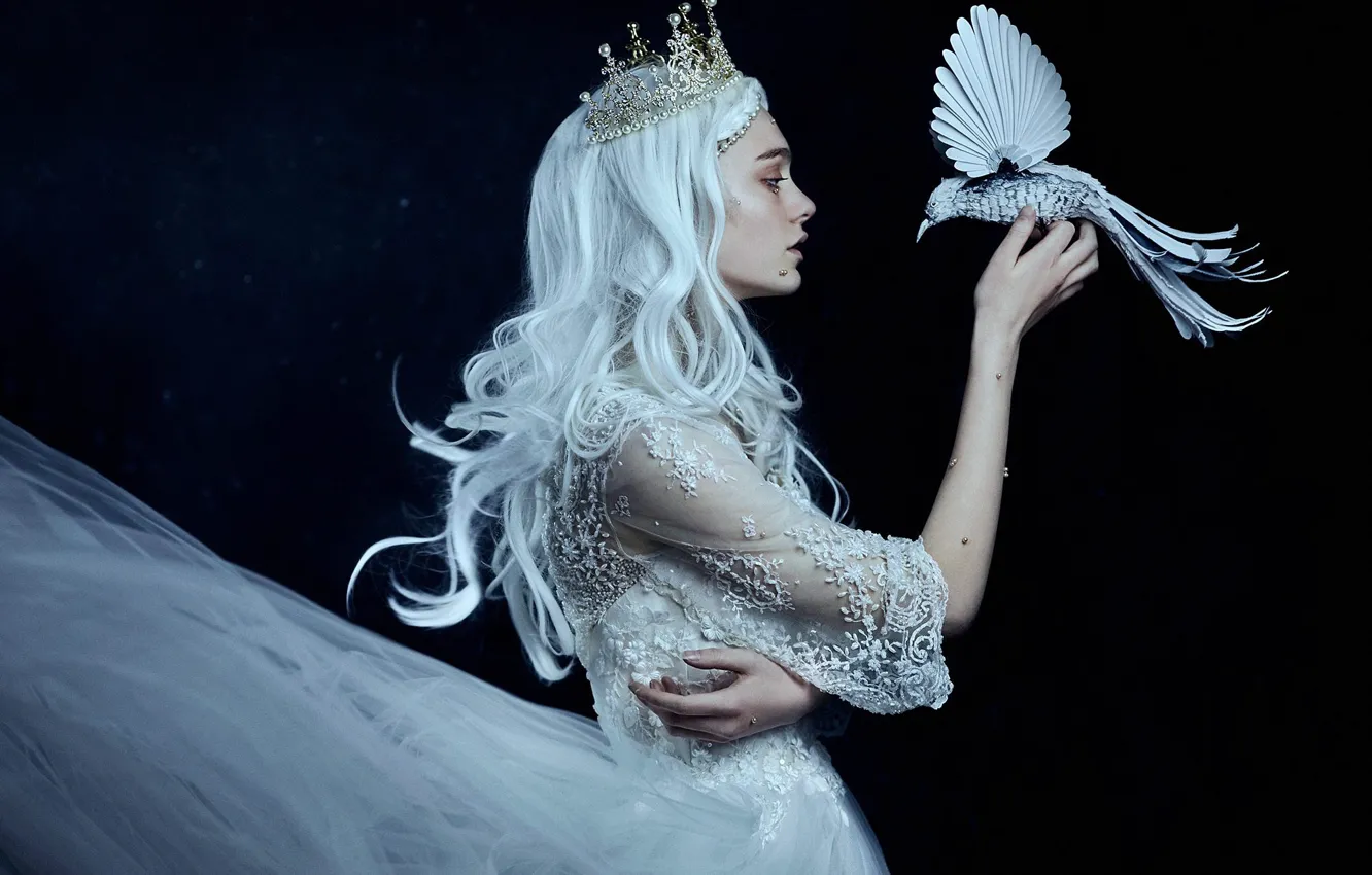 Фото обои девушка, стиль, настроение, птица, корона, руки, платье, принцесса