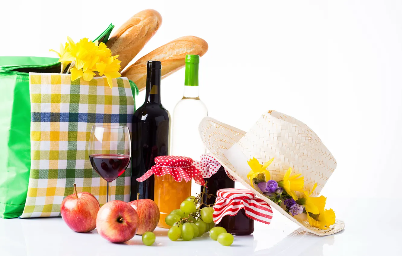 Фото обои вино, шляпа, бокалы, фрукты, пикник