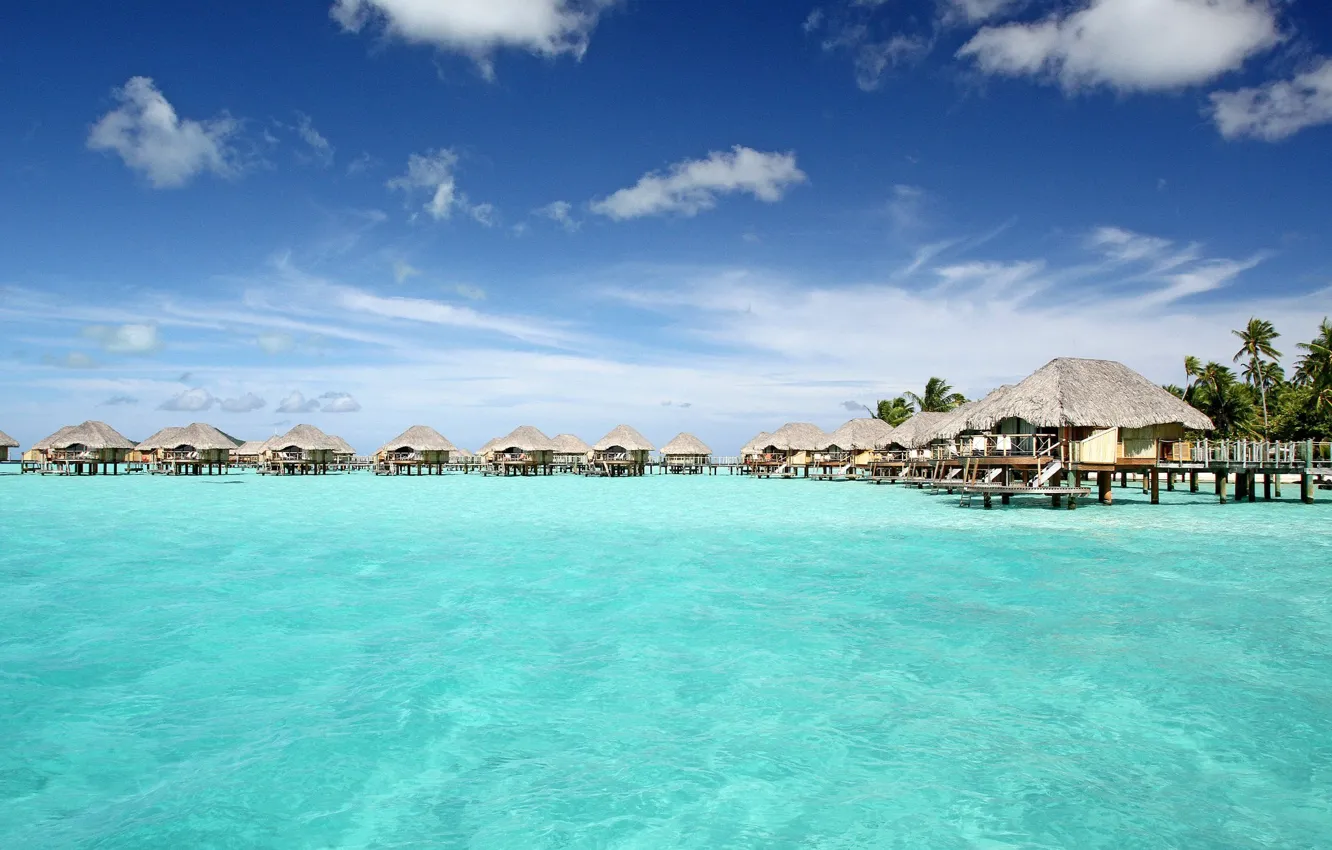 Фото обои океан, отель, бунгало, Bora-Bora, tranquil, blue lagoon, pearl beach resort, water villas
