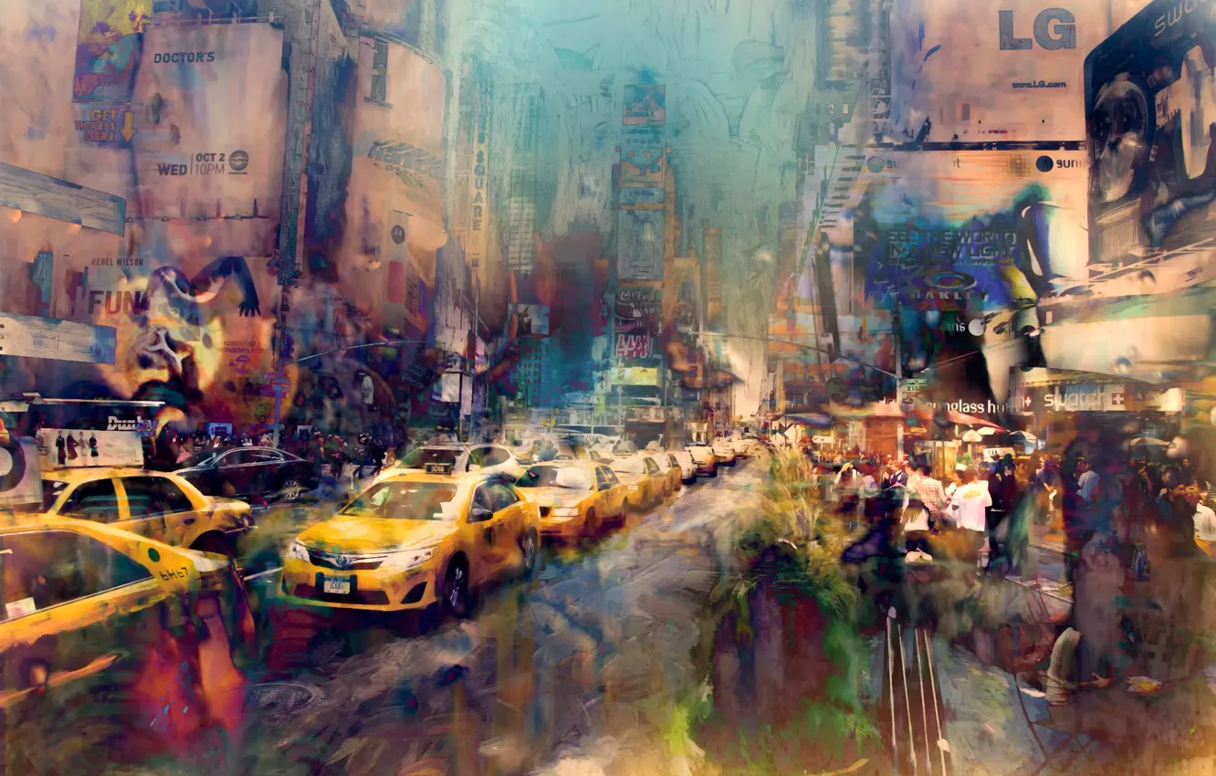 Фото обои улица, краски, арт, New York City, мазки, Times Square