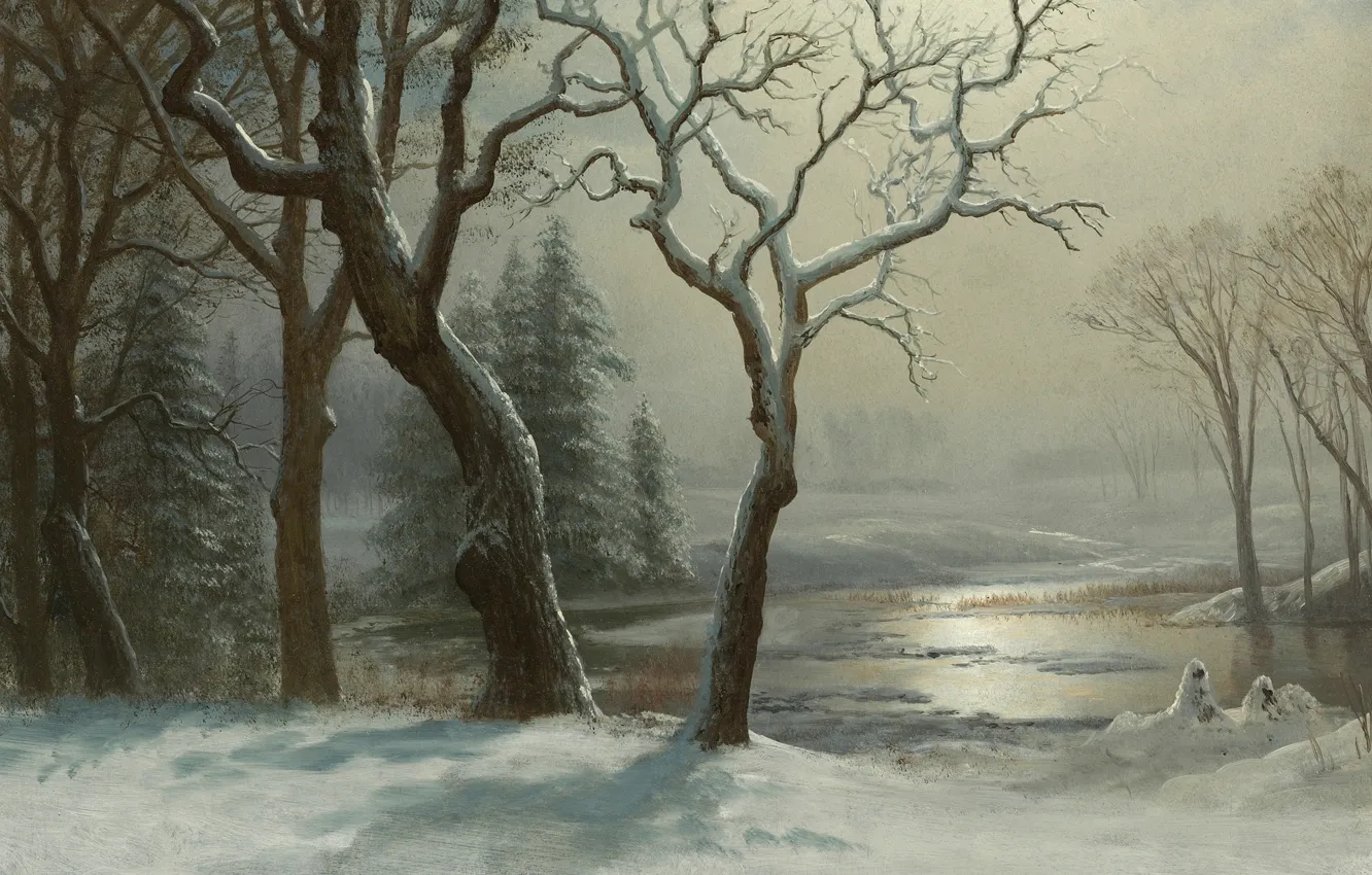 Фото обои снег, деревья, пейзаж, река, картина, Альберт Бирштадт, Зима в Йосемити