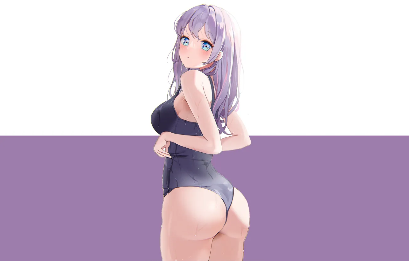 Фото обои kawaii, girl, anime, purple, swimsuit, butt, cute, backside