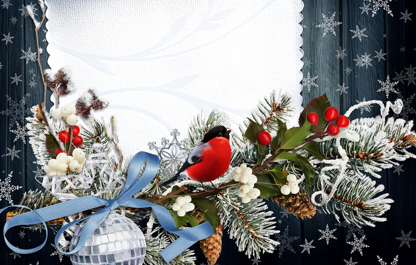 Фото обои зима, снежинки, птица, ветка, Новый год, снегирь, bird, New Year