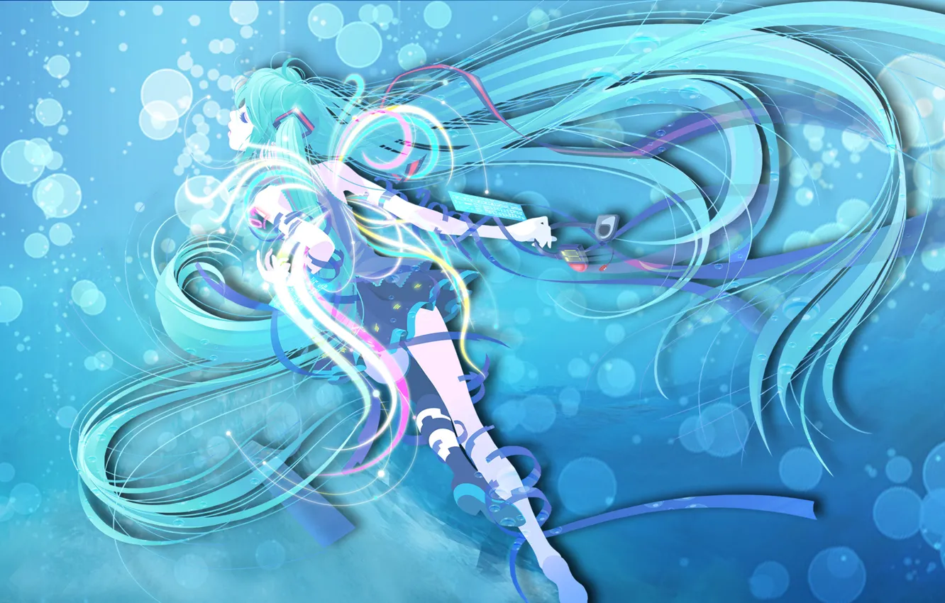 Фото обои море, вода, девушка, пузыри, голубые волосы, Miku, Обои аниме, крылья на рабочий стол