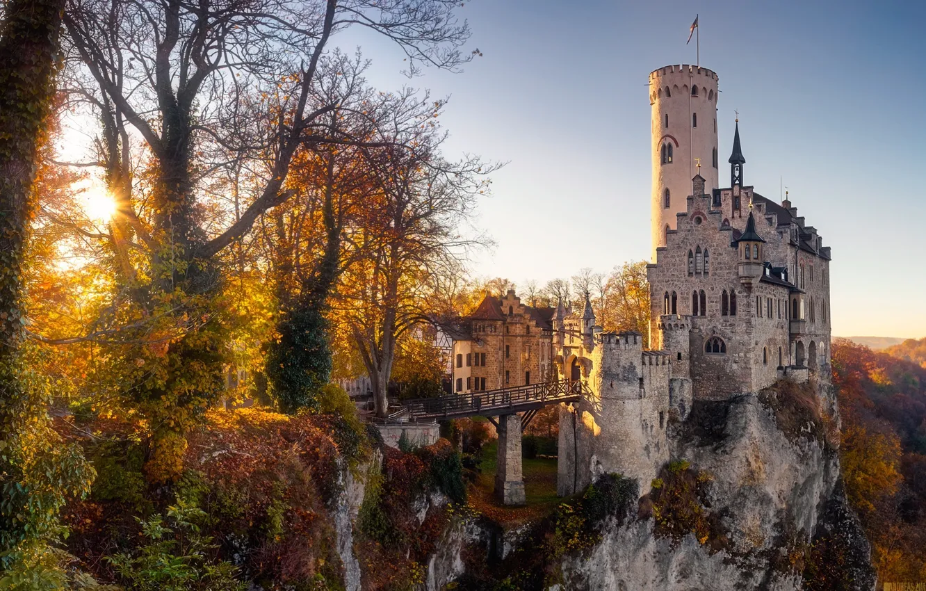 Фото обои осень, солнце, деревья, замок, Германия