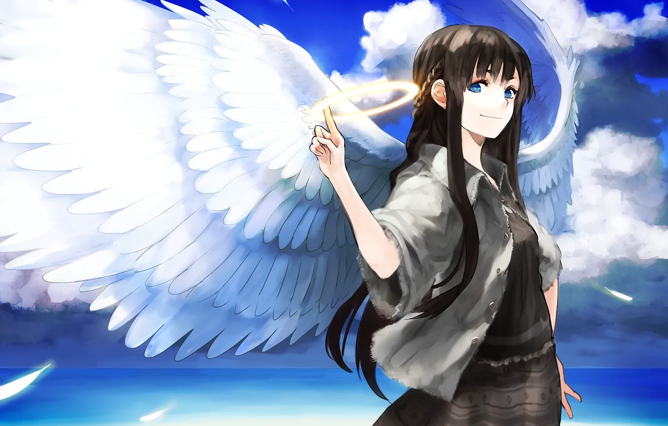 Фото обои море, девушка, облака, крылья, ангел, арт, нимб, chirigami-san