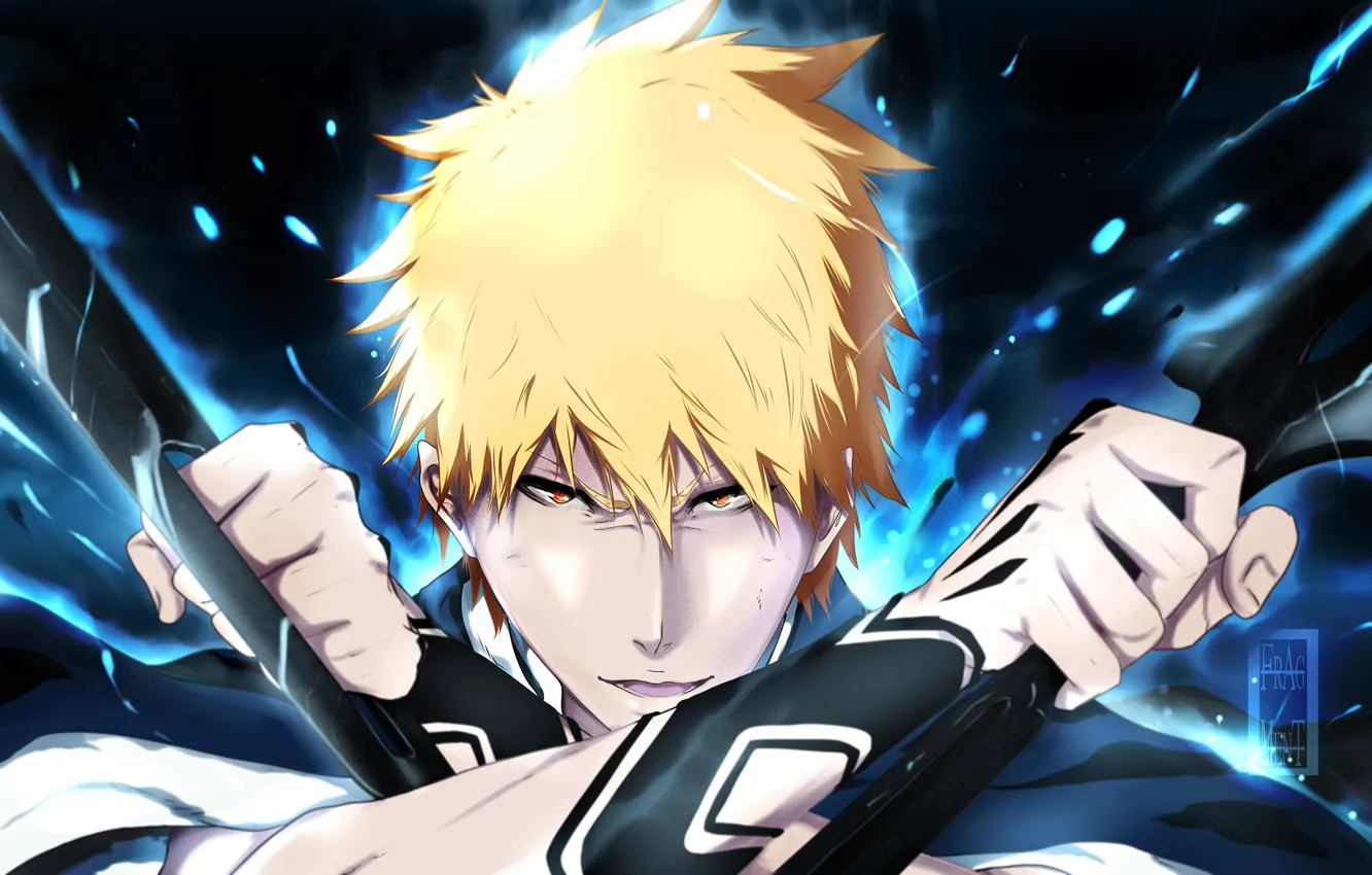 Фото обои взгляд, улыбка, оружие, магия, парень, Bleach, Блич, kurosaki ichigo