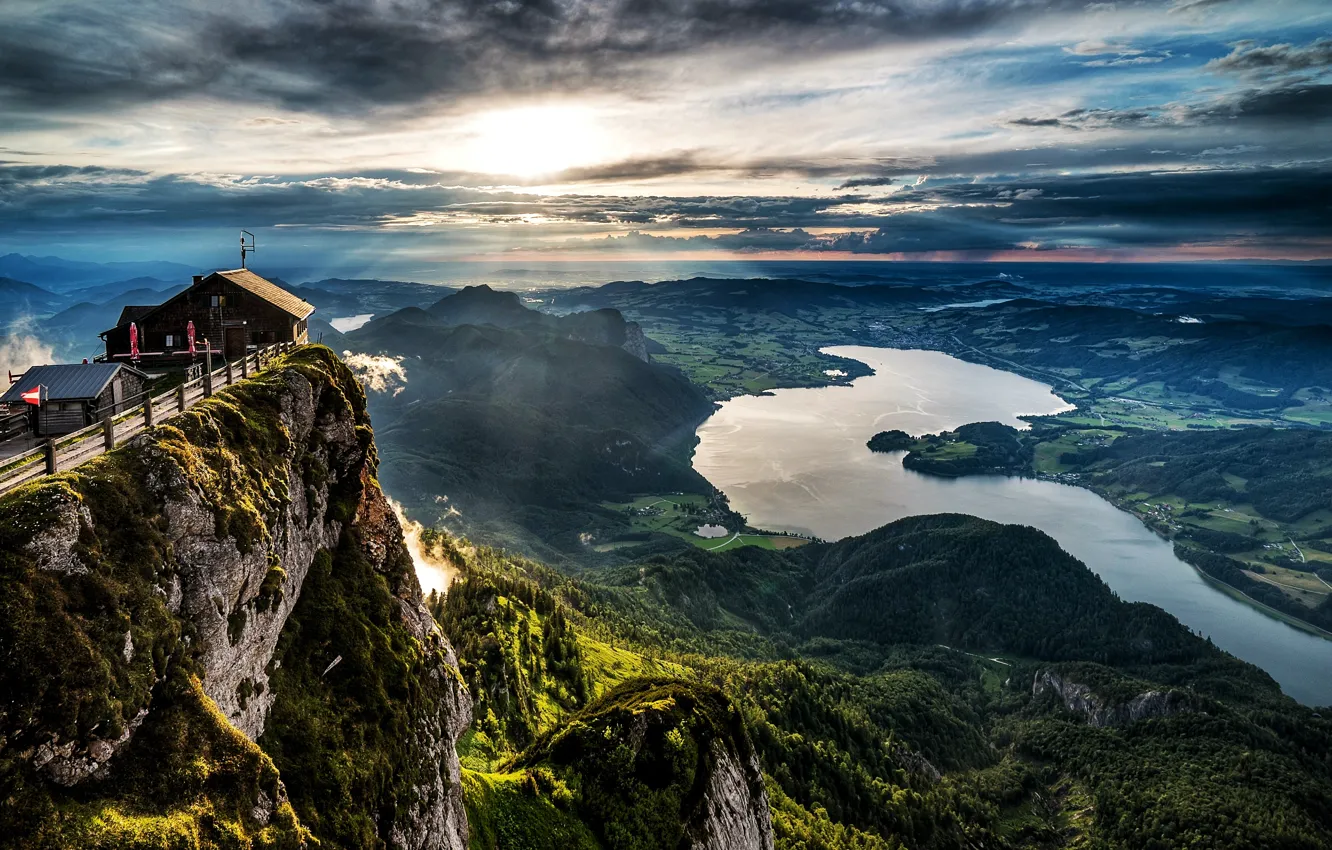 Фото обои пейзаж, горы, природа, Австрия, панорама, Wolfgangsee, Вольфгангзе
