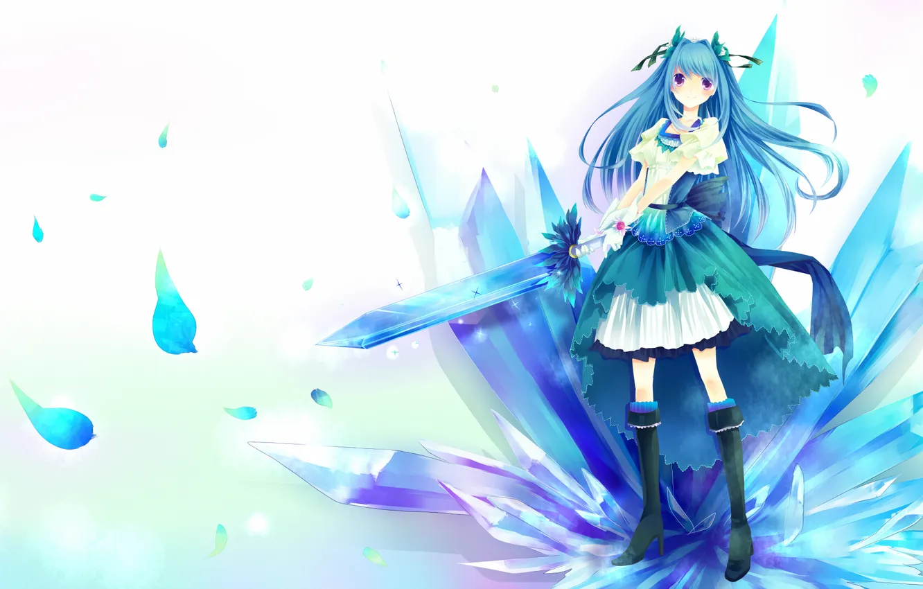 Фото обои меч, арт, девочка, белый фон, кристаллы, голубые волосы, skycrystali