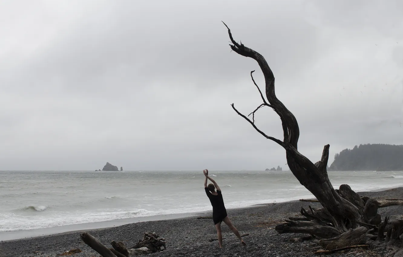 Фото обои море, девушка, дерево