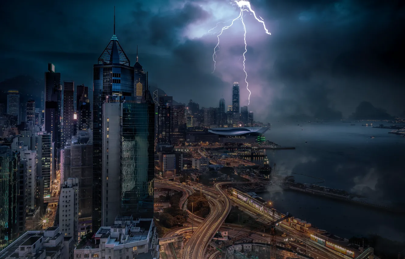 Фото обои гроза, молния, здания, дороги, дома, Гонконг, залив, ночной город