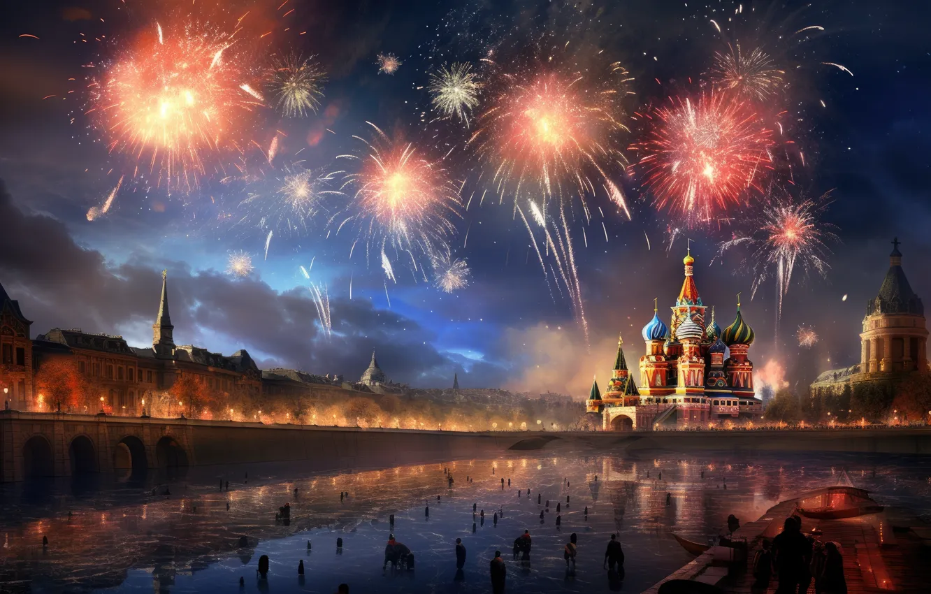 Фото обои небо, ночь, город, праздник, вид, здания, салют, Москва