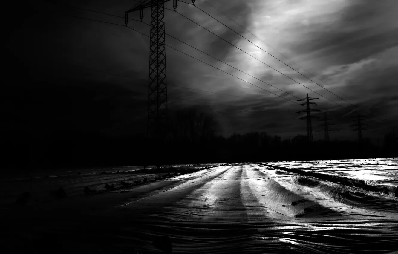 Фото обои снег, обработка, ЛЭП, чб фотография
