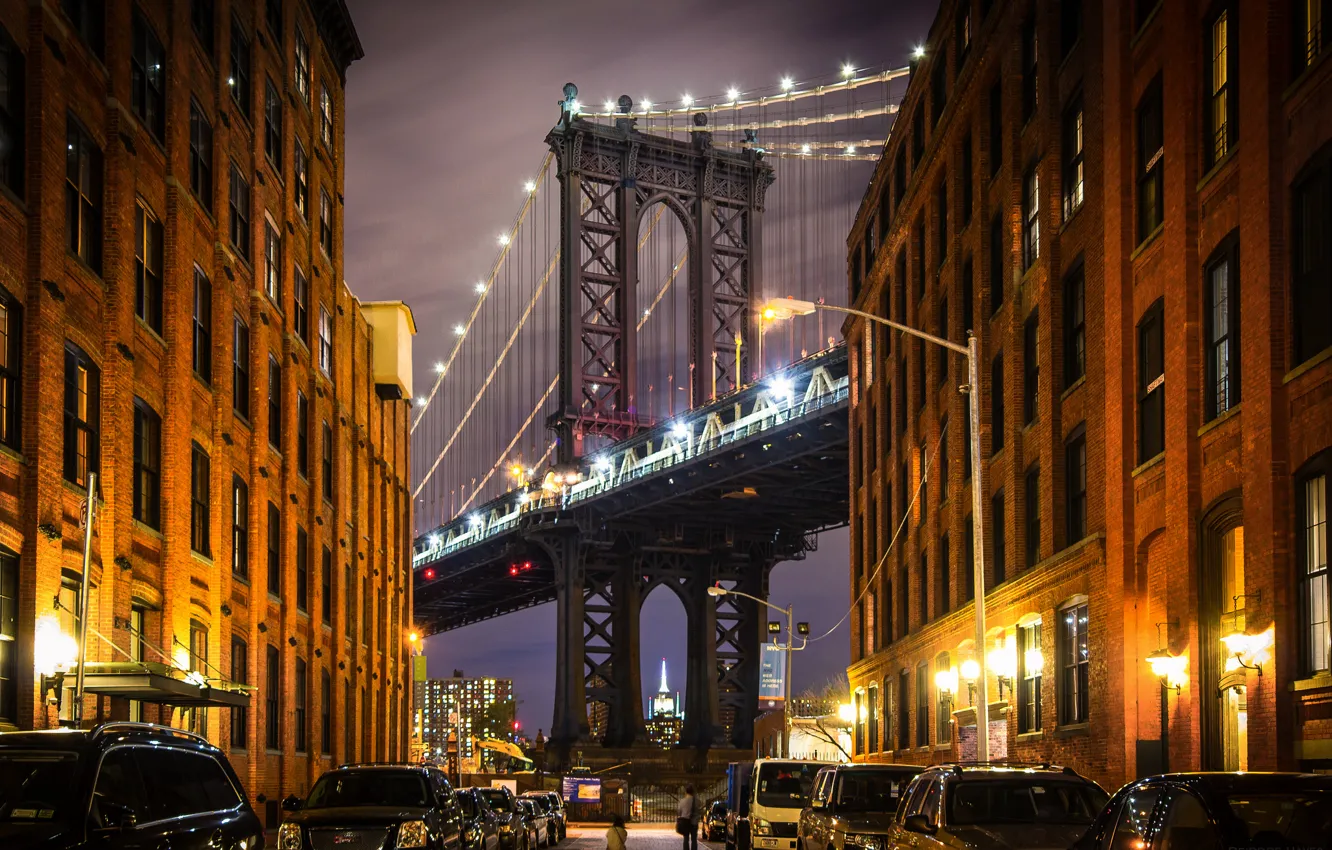 Фото обои улица, дома, Нью-Йорк, США, Манхэттен, Манхэттенский мост