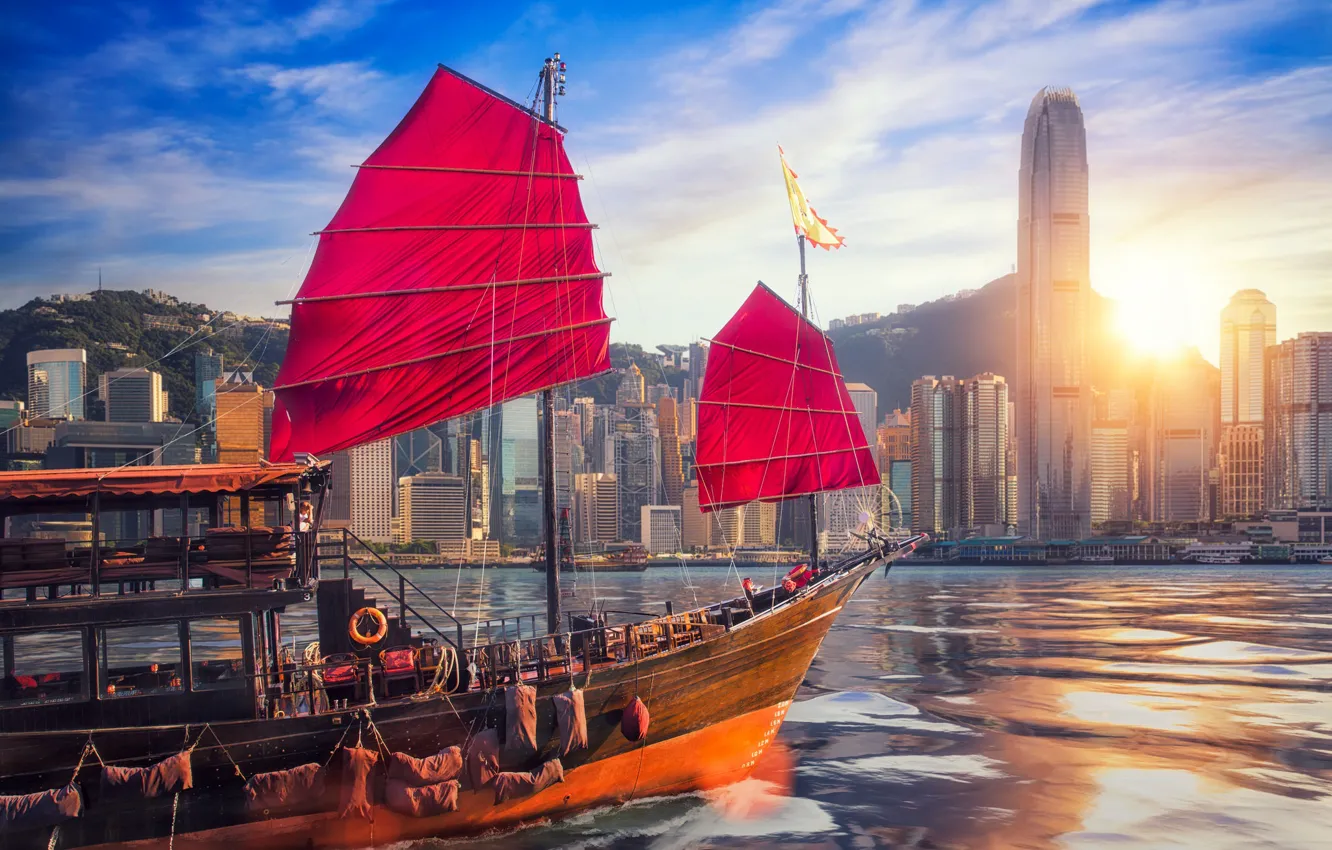 Фото обои China, корабль, здания, Гонконг, Китай, небоскрёбы, гавань, Hong Kong