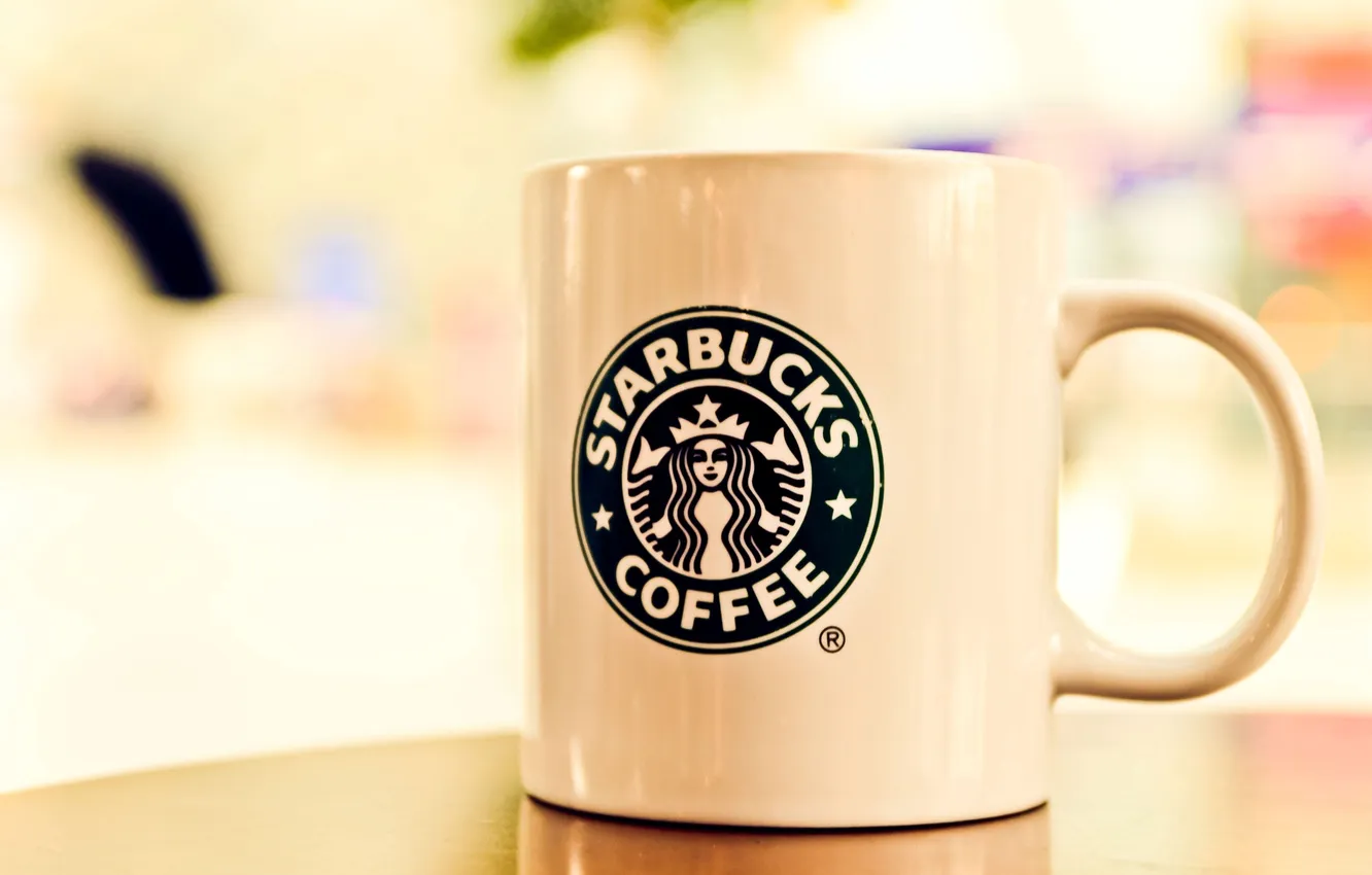 Фото обои стол, фон, размытость, чашка, белая, Starbucks Coffee