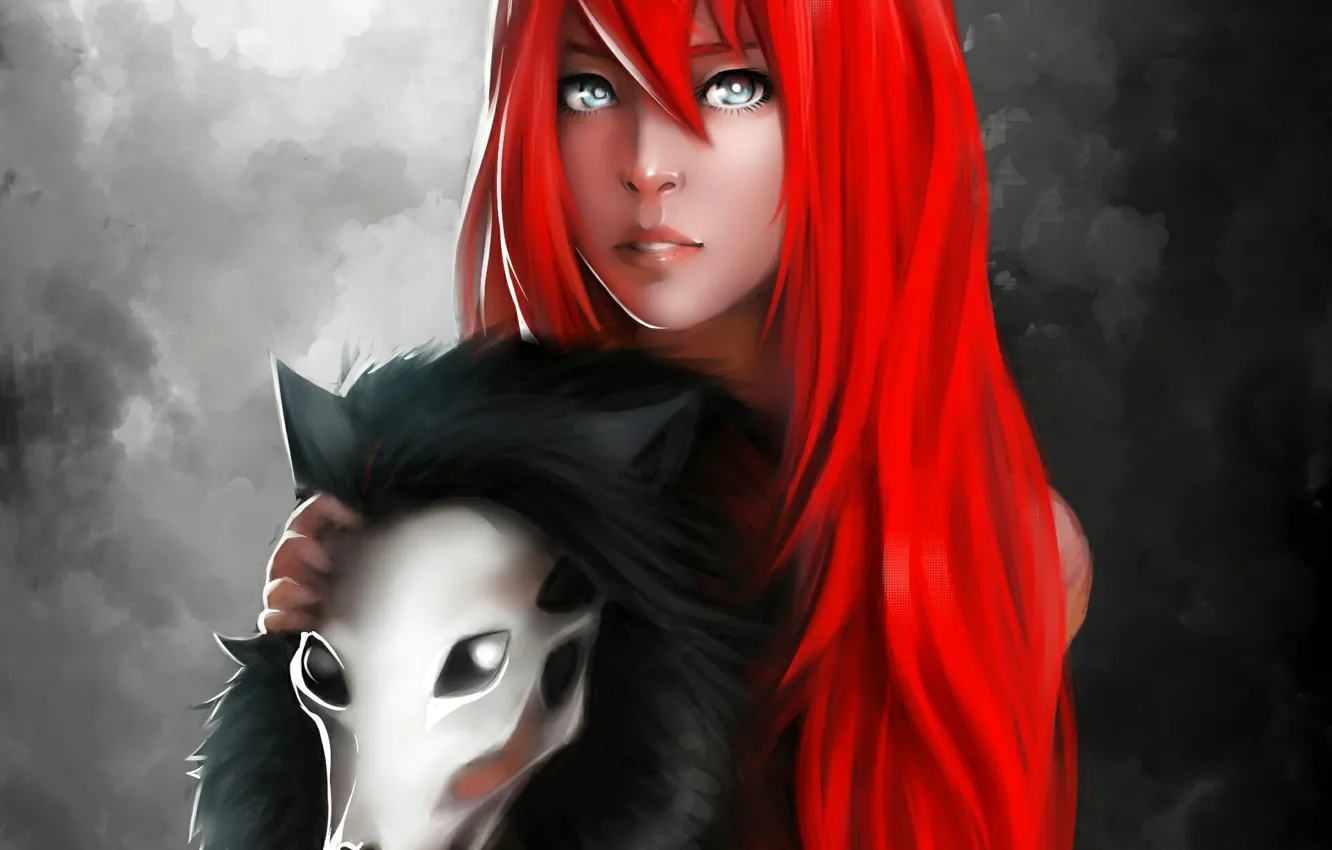 Фото обои девушка, волосы, маска, красные