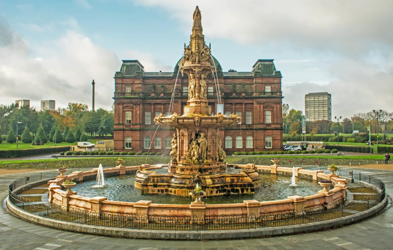 Фото обои дом, парк, здание, Шотландия, фонтан, Scotland, Glasgow, Глазго