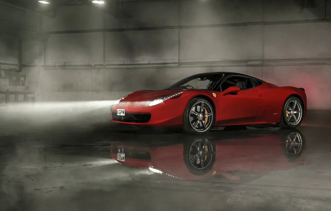 Фото обои Ferrari, Red, 458, Front, Smoke, Italia, Wheels, Reflection