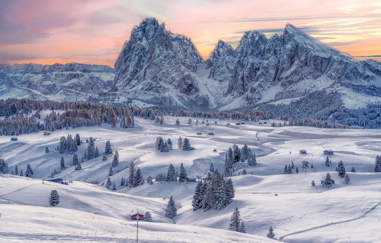 Фото обои зима, снег, деревья, закат, горы, Италия, Trentino-Alto Adige