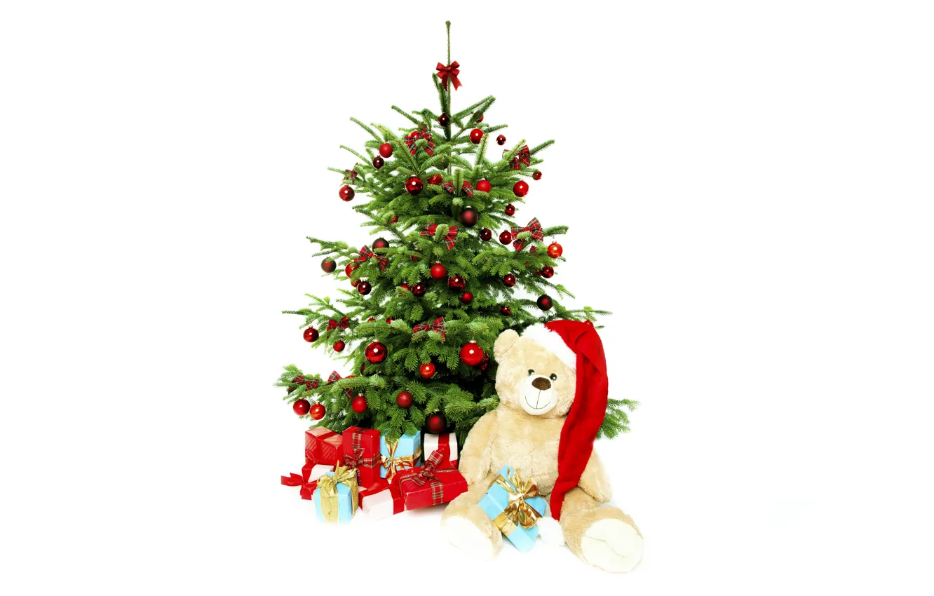 Фото обои праздник, шары, шапка, игрушки, елка, мишка, подарки, красные