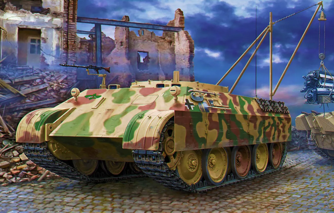 Фото обои war, art, painting, tank, ww2, SdKfz 179 Bergepanther