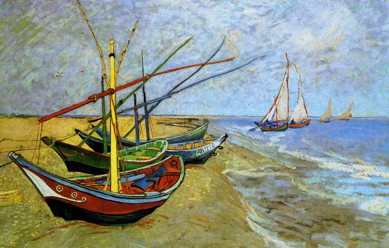 Фото обои море, небо, пейзаж, берег, картина, лодки, Винсент Ван Гог