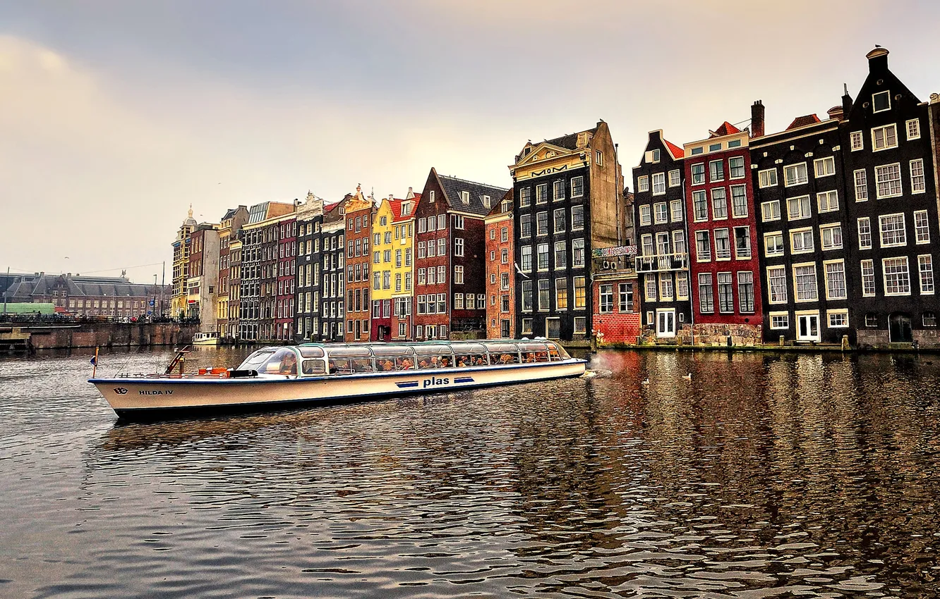 Фото обои лодка, корабль, дома, канал, амстердам, nederland, amsterdam, нидерланды