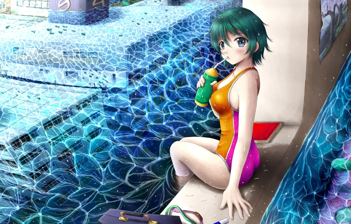 Фото обои купальник, вода, девушка, рыба, аниме, бассейн, сакура, плакат