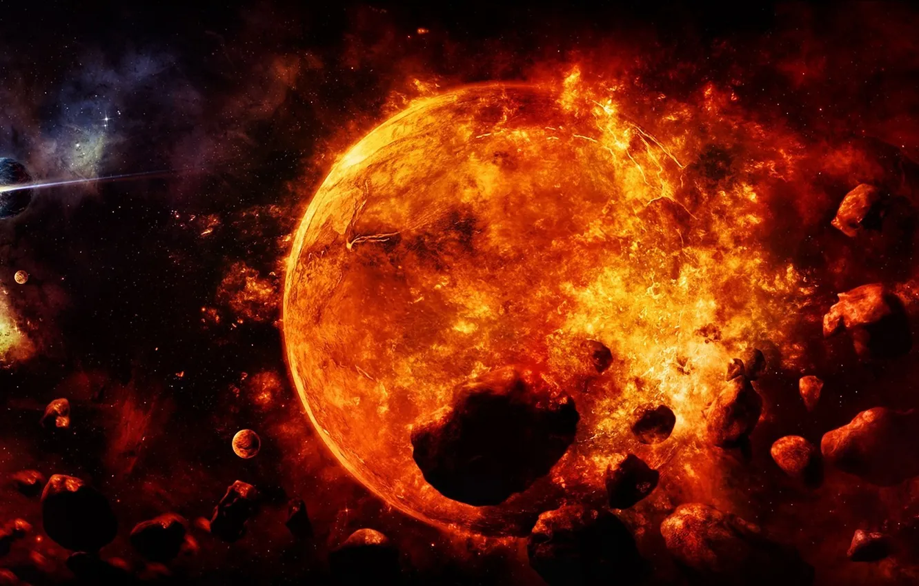 Фото обои энергия, солнце, космос, взрыв, земля, планеты, арт, метеориты