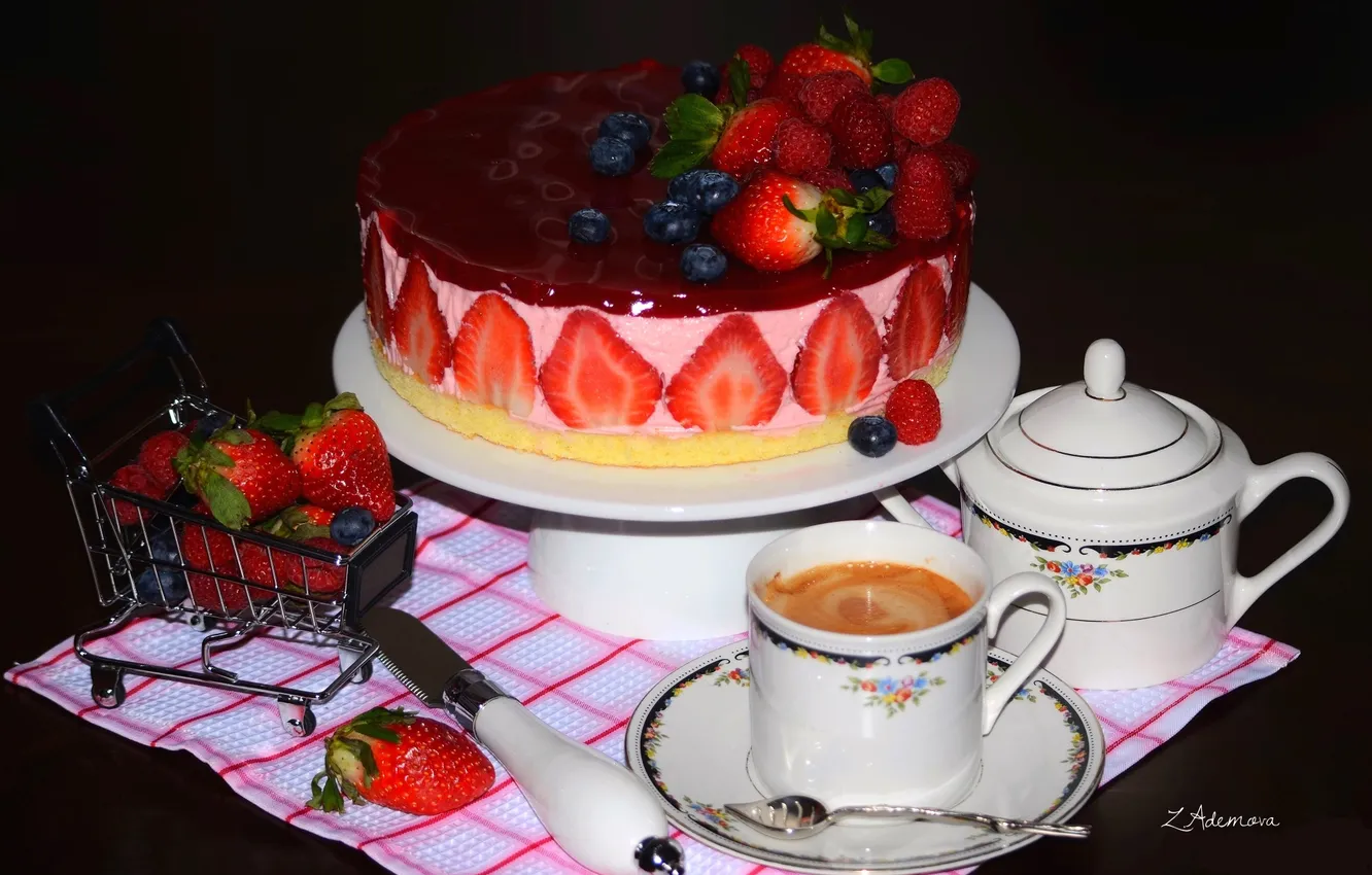 Фото обои ягоды, малина, кофе, клубника, торт, голубика