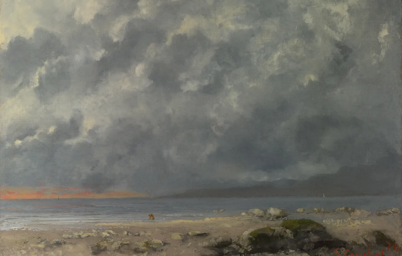 Фото обои пейзаж, тучи, картина, Gustave Courbet, Гюстав Курбе, Пляжная Сцена