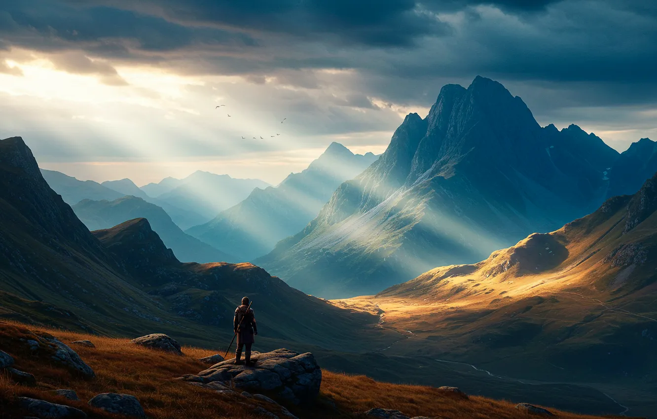 Фото обои небо, облака, горы, рисунок, арт, wallpaper, fantasy, sky