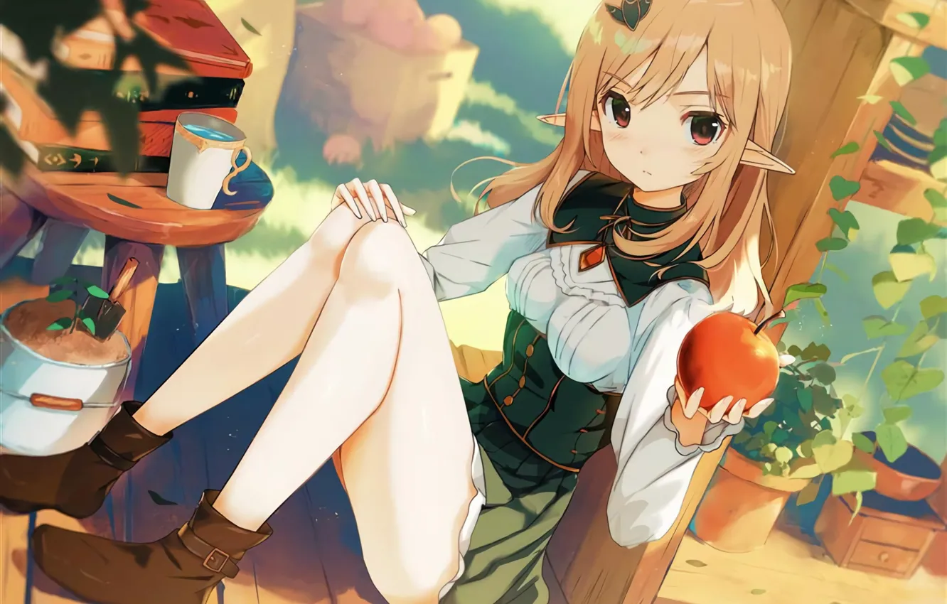 Фото обои девушка, эльф, яблоко, yoshitake