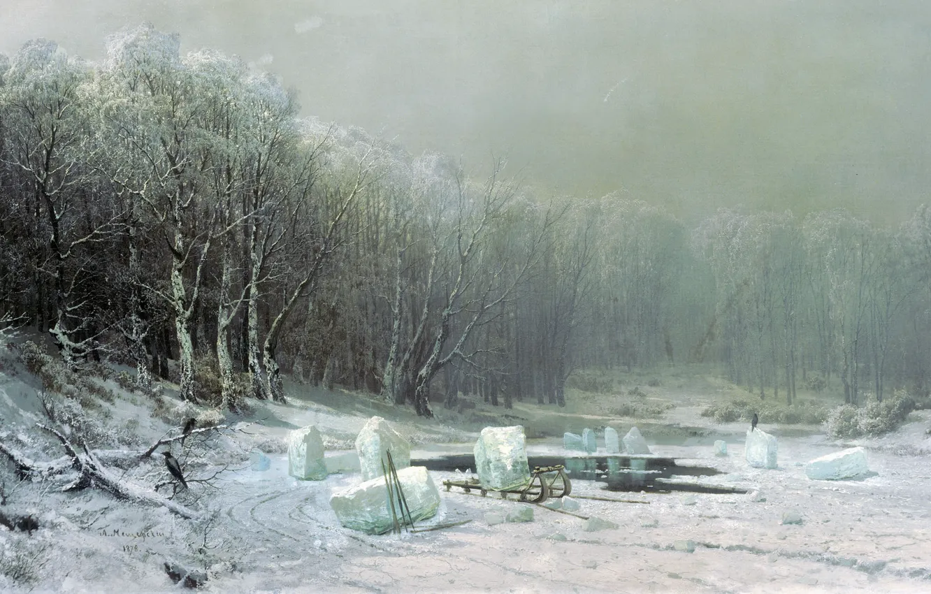 Фото обои лес, масло, Зима, лёд, Ледокол, холст, 1878, Арсений МЕЩЕРСКИЙ