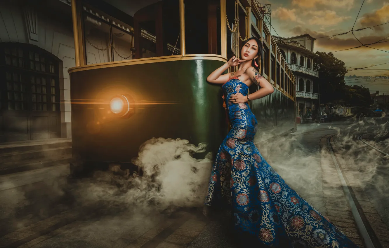 Фото обои поза, стиль, фигура, платье, трамвай, азиатка