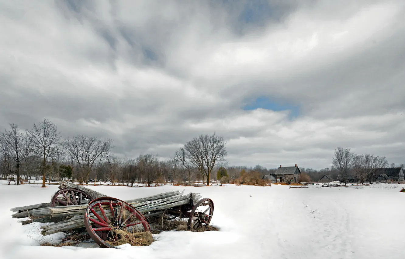 Фото обои зима, поле, пейзаж, телега