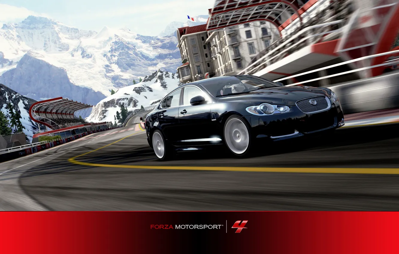 Фото обои зима, скорость, трасса, Jaguar, заезд, Forza Motorsport 4, Jaguar XFR