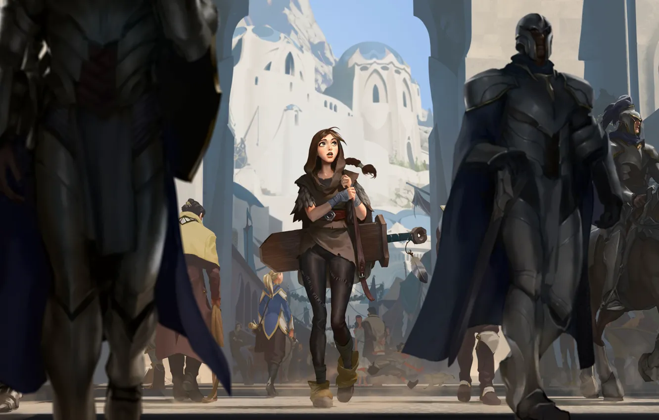 Фото обои city, Girl, sword, fantasy, soldiers, armor, weapon, street