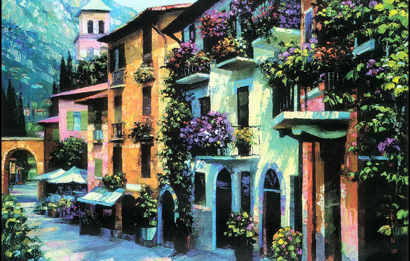 Фото обои цветы, горы, картина, балкон, городок, улочка